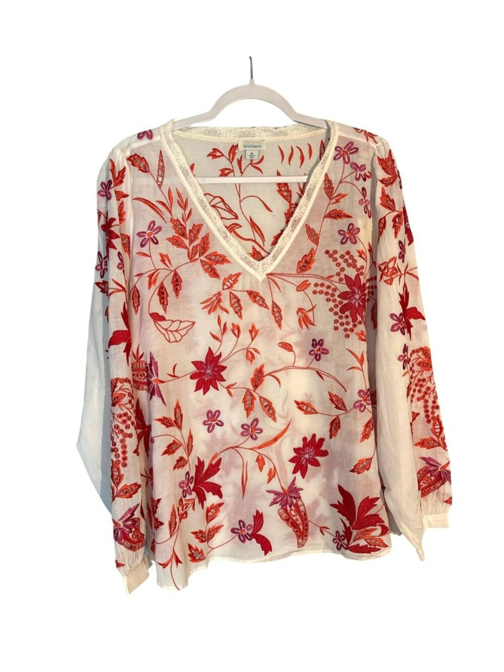 Sundance Embroidered Floral Blouse With Lace Trim V-Neck Long Sleeve XL